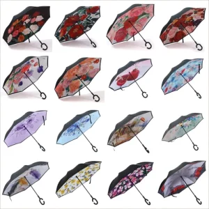 Women Umbrella Double Layer Inverted C Shape Handle Reverse Folding Umbrella
