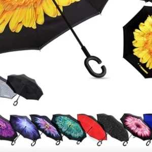Reverse Umbrella C Handle Inverted Double Layer 80cm Assorted Designs