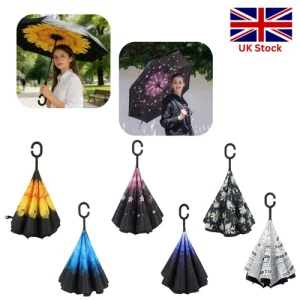 Windproof Inverted Inside-Out Reverse Umbrella Double Layer 80cm Long C-Handle